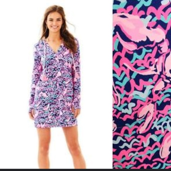 Lilly Pulitzer Pink and Blue Patterned coverup Dress lobster print XS - Picture 4 of 6